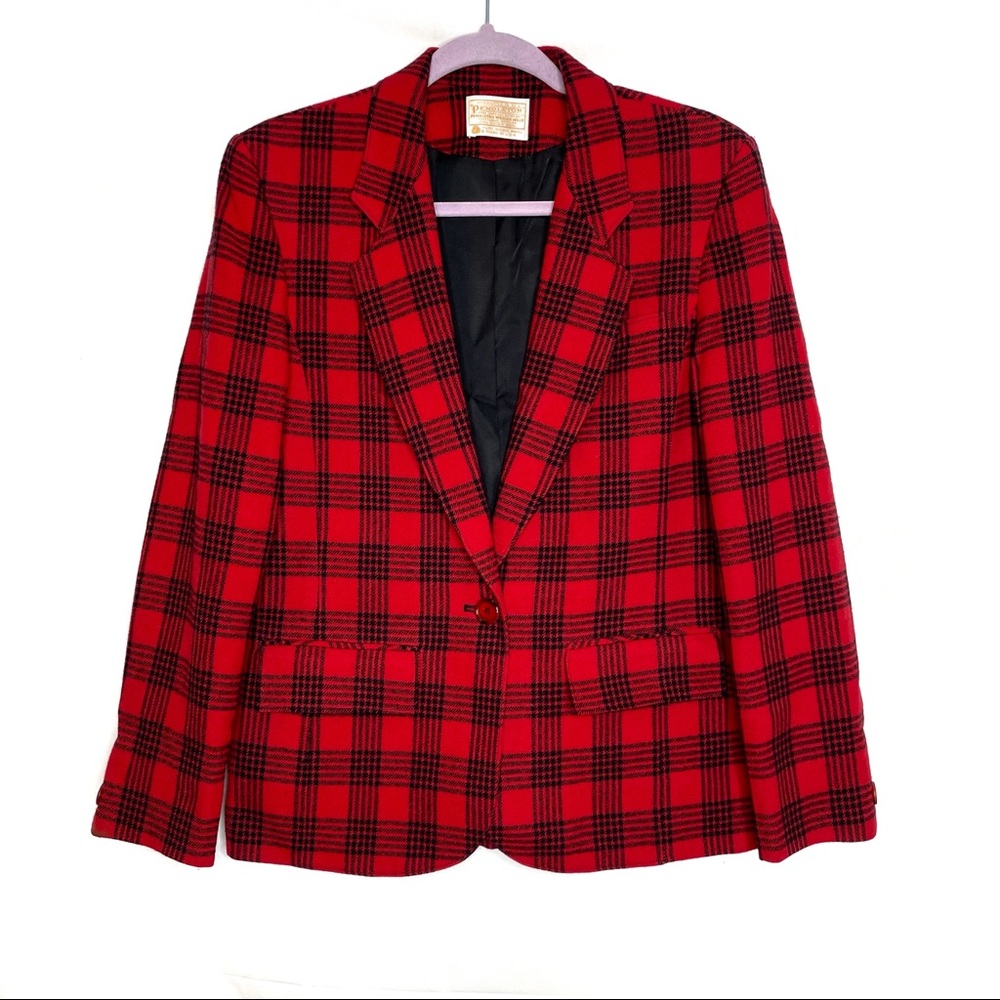 Pendleton Wool Red Black Plaid One Button Blazer